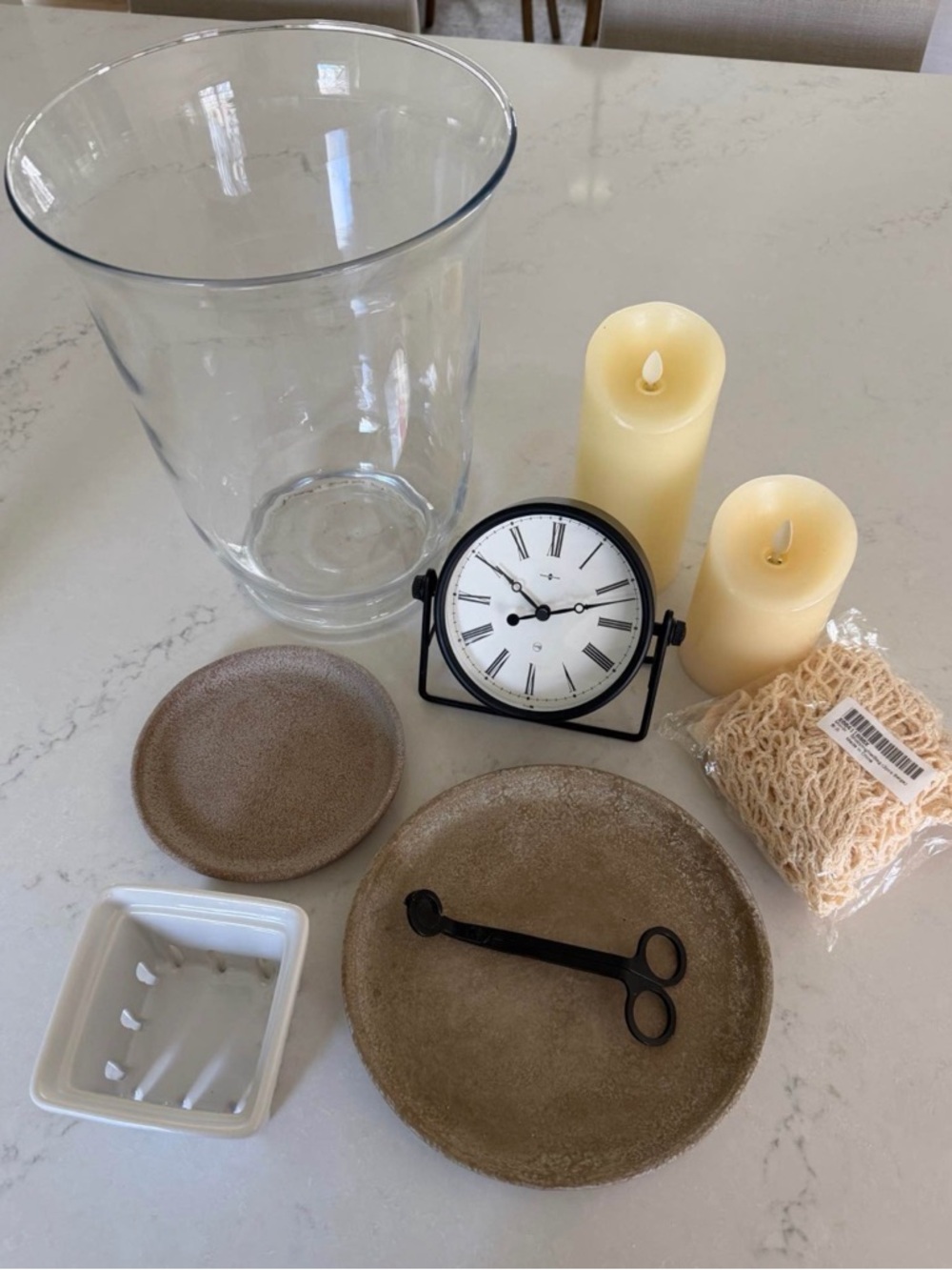 Home Decor Bundle- Battery Candles, saucers, berry basket, hurricane vase